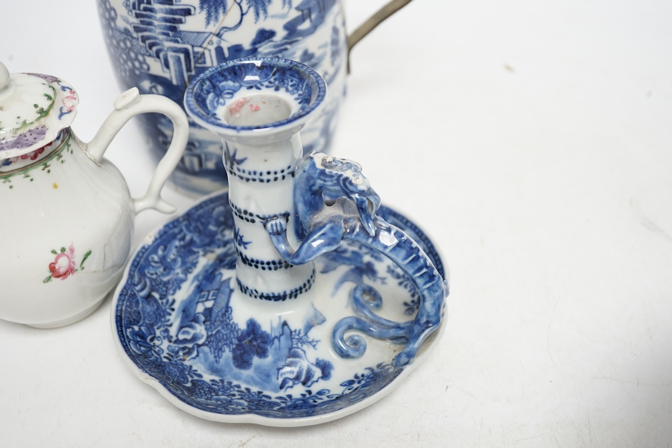 A group of five 18th century Chinese export ceramics to include a rare blue and white ‘dragon’ chamberstick, tallest 16cm. Condition - poor